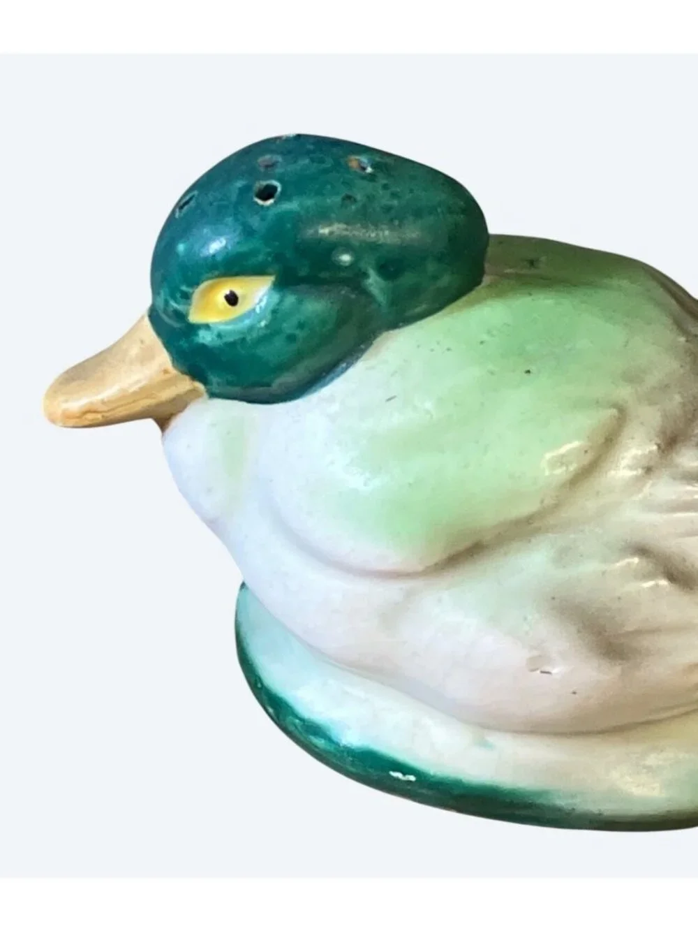 Vintage Ceramic Duck Salt Pepper Shakers Hand Painted Green Yellow Mallard Pair